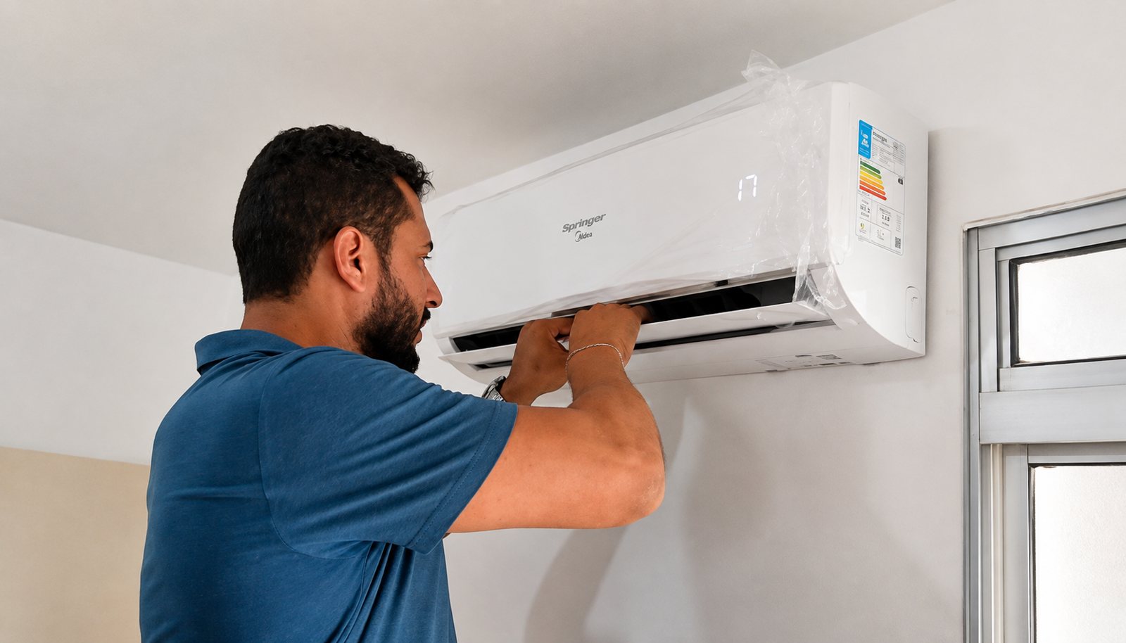 Instalação de unidade evaporadora split em ambiente interno pela equipe da PH Climatização