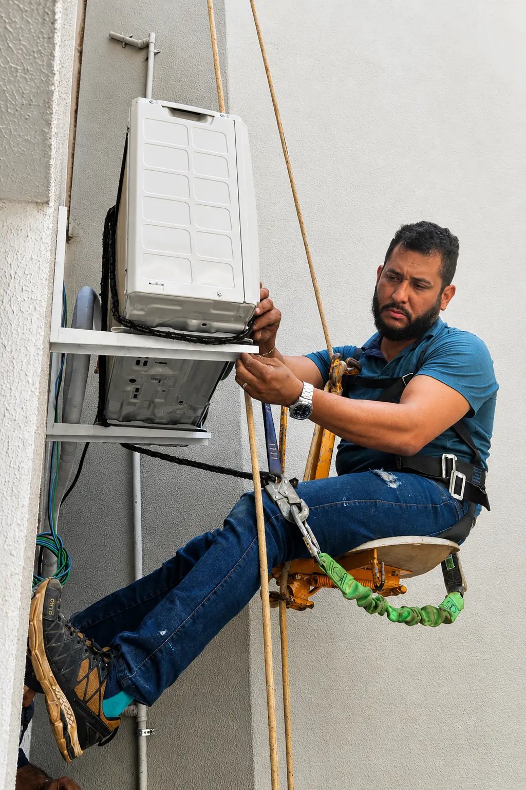 Técnico da PH Climatização executando instalação de ar-condicionado em altura com cinto de segurança
